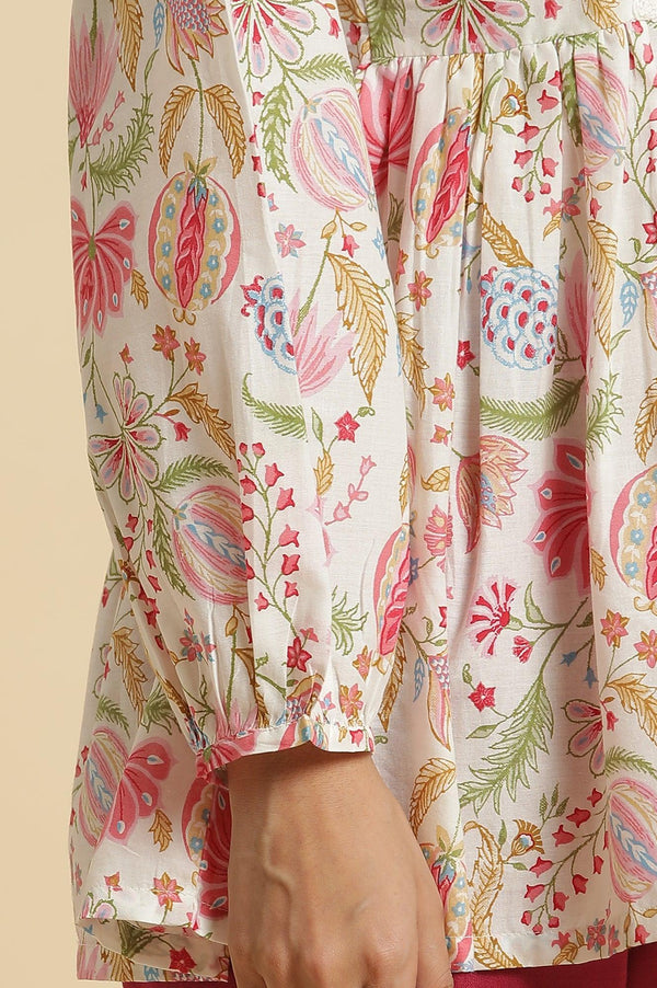 Ecru Gathered Top With Bright Floral Print