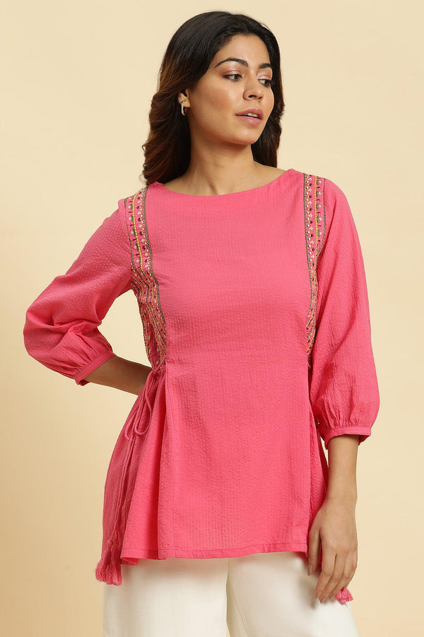 Pink Embroidered Solid Side Tie-Up Straight Top