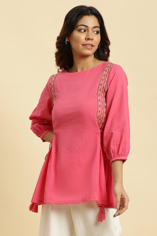 Pink Embroidered Solid Side Tie-Up Straight Top