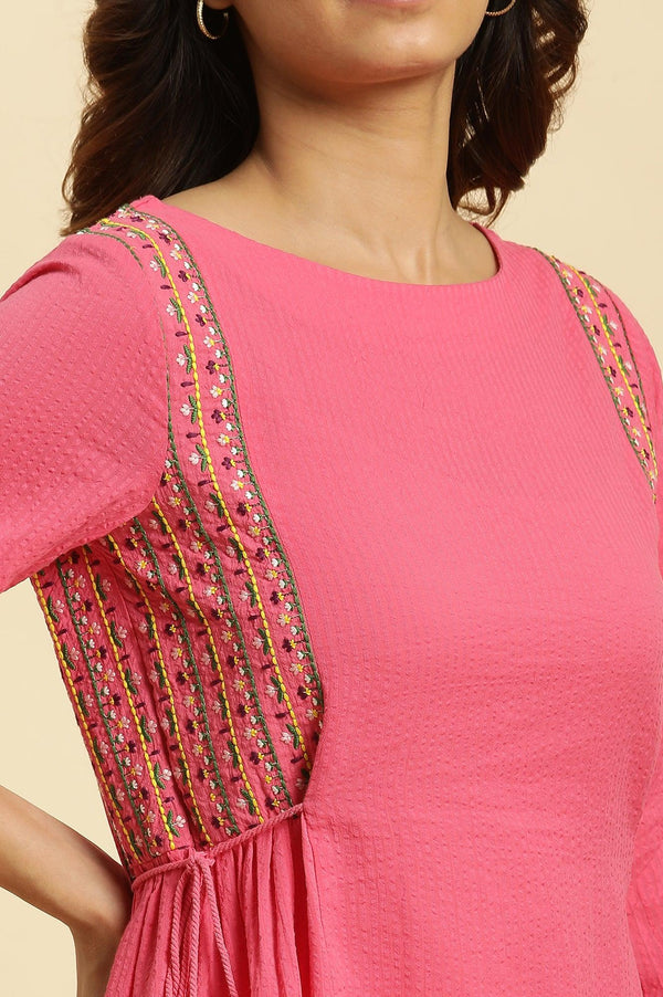 Pink Embroidered Solid Side Tie-Up Straight Top