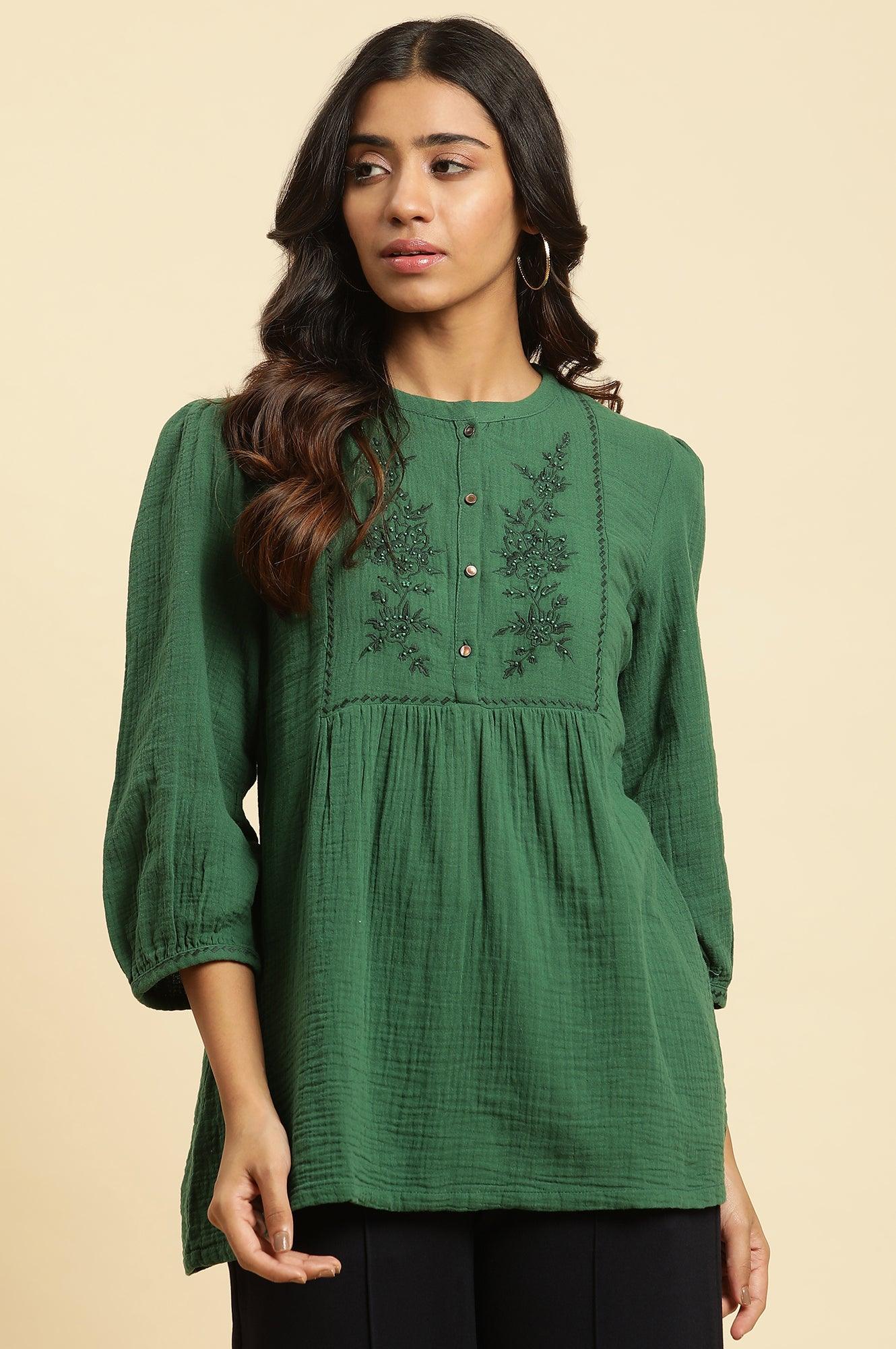 Dark Green Embroidered Western Top - wforwoman