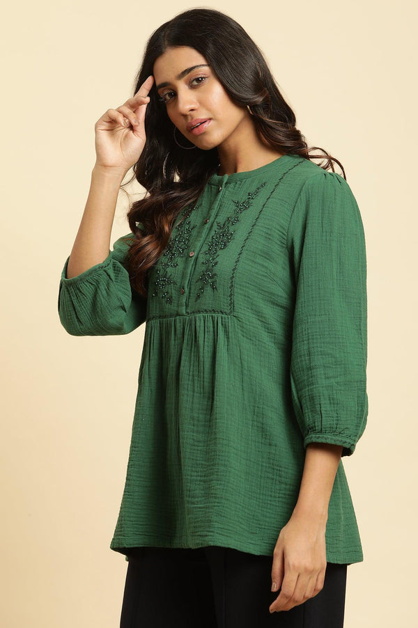 Dark Green Embroidered Western Top