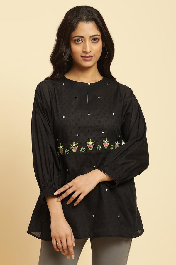 Black Floral Embroidered Western Straight Top