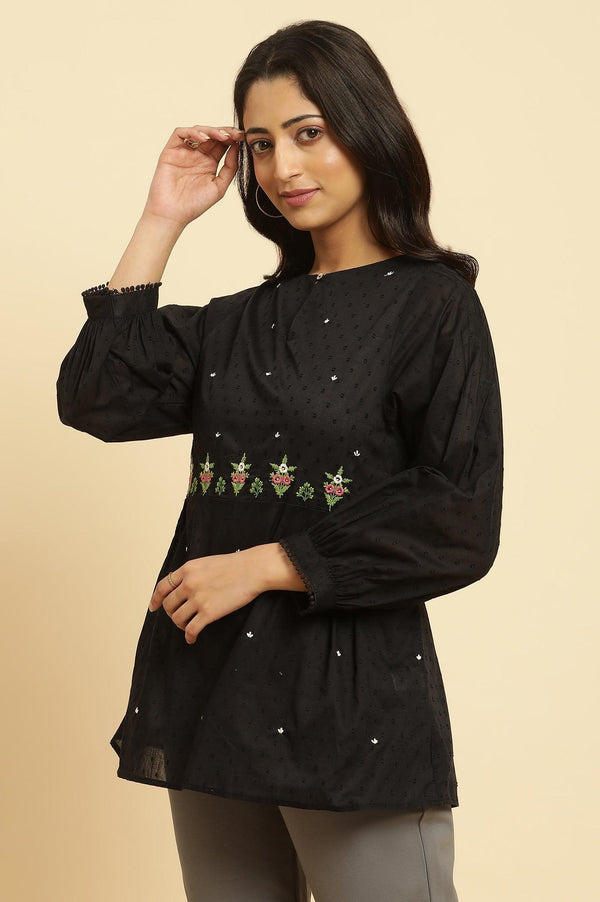 Black Floral Embroidered Western Straight Top