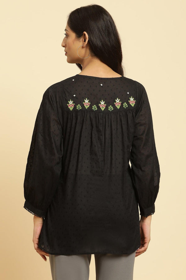 Black Floral Embroidered Western Straight Top