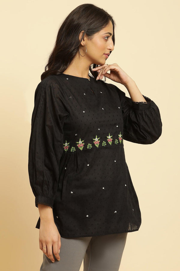 Black Floral Embroidered Western Straight Top