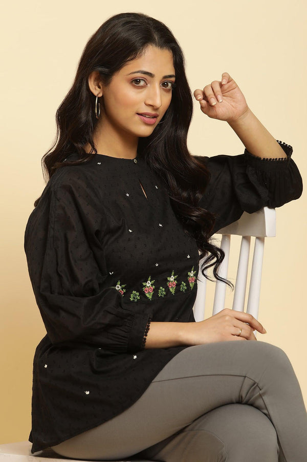 Black Floral Embroidered Western Straight Top