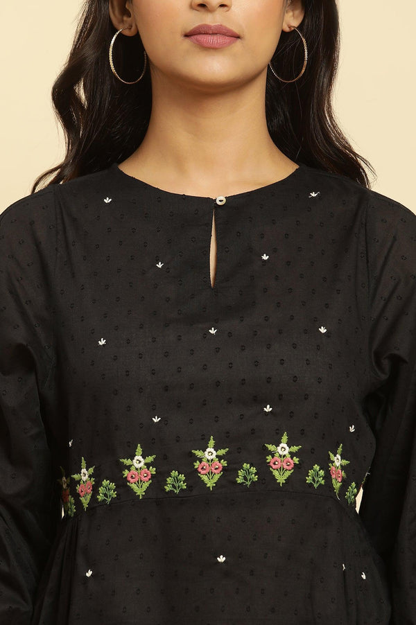 Black Floral Embroidered Western Straight Top