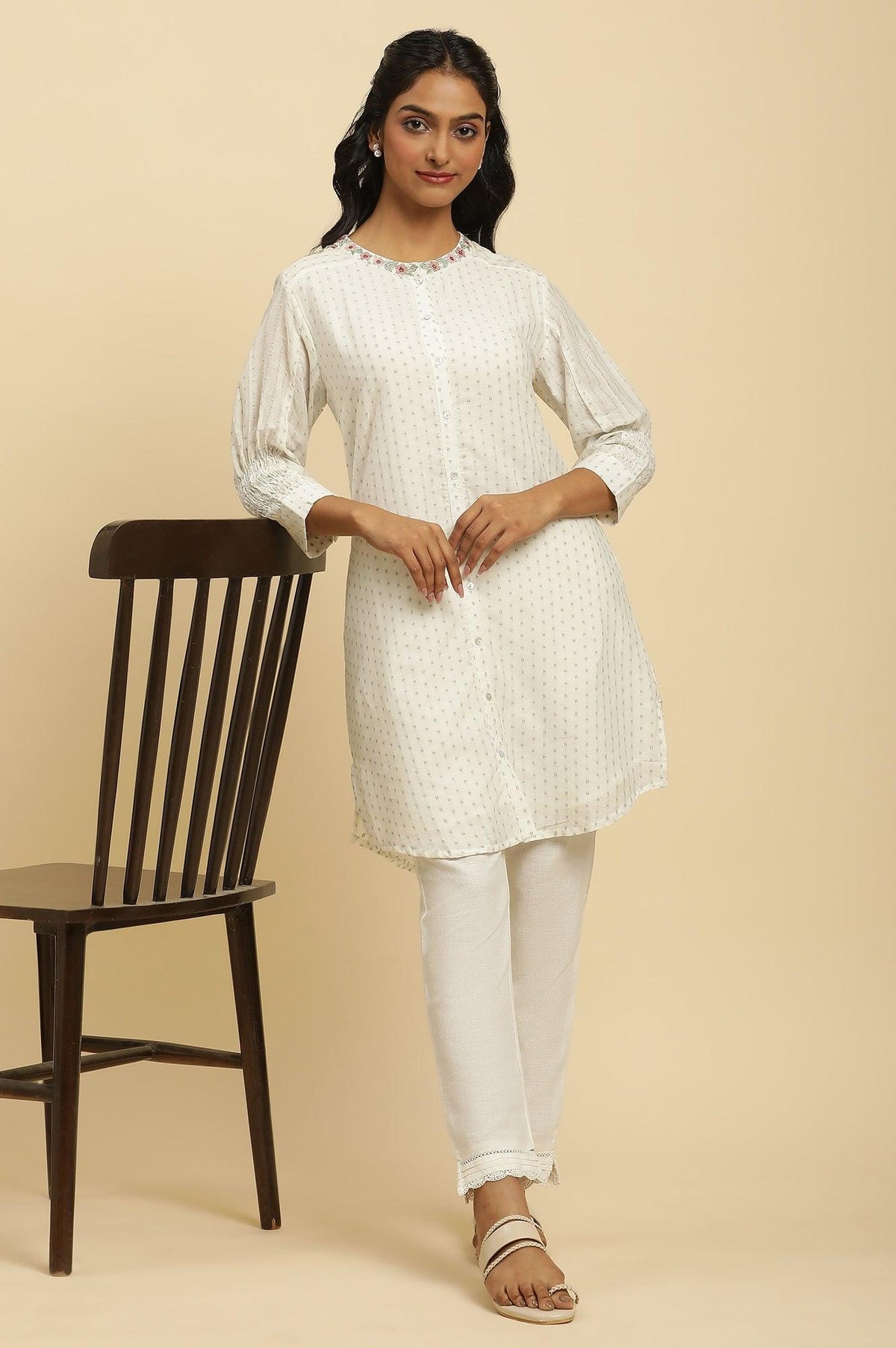 Ecru Smocked Sleeves Embroidered Tunic - S