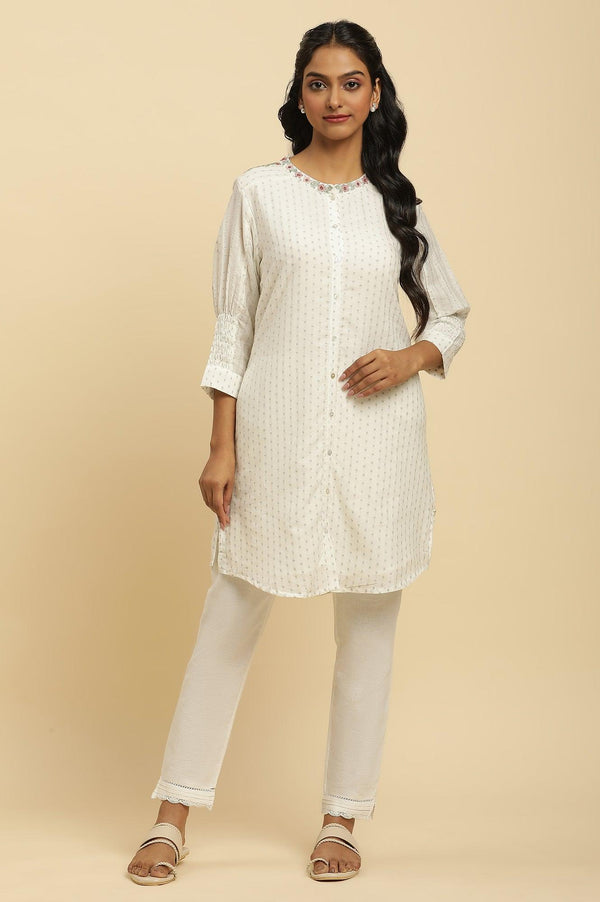 Ecru Smocked Sleeves Embroidered Tunic