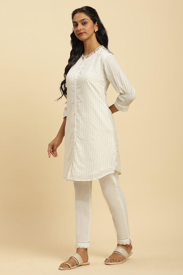 Ecru Smocked Sleeves Embroidered Tunic