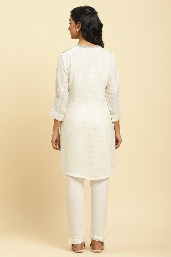 Ecru Smocked Sleeves Embroidered Tunic