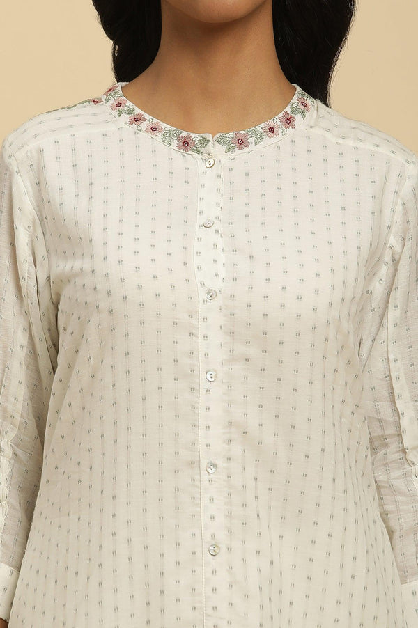 Ecru Smocked Sleeves Embroidered Tunic