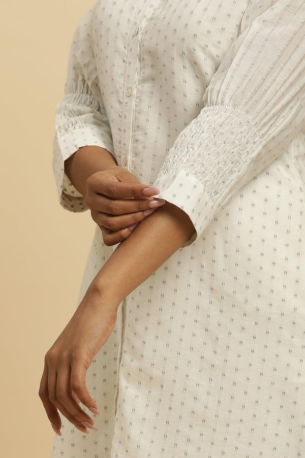 Ecru Smocked Sleeves Embroidered Tunic