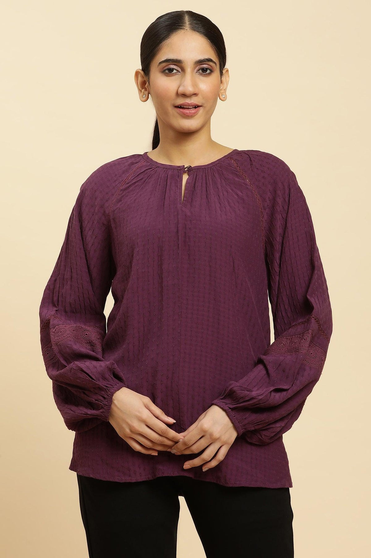 Purple Swiss Dot Gathered Sleeves Western Top - XS