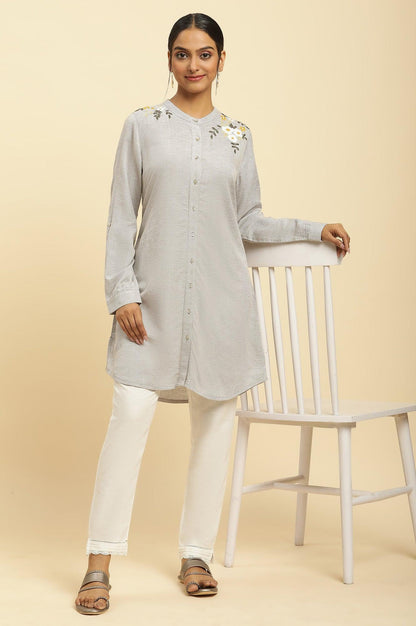 Ecru Check And Embroidered Tunic - wforwoman