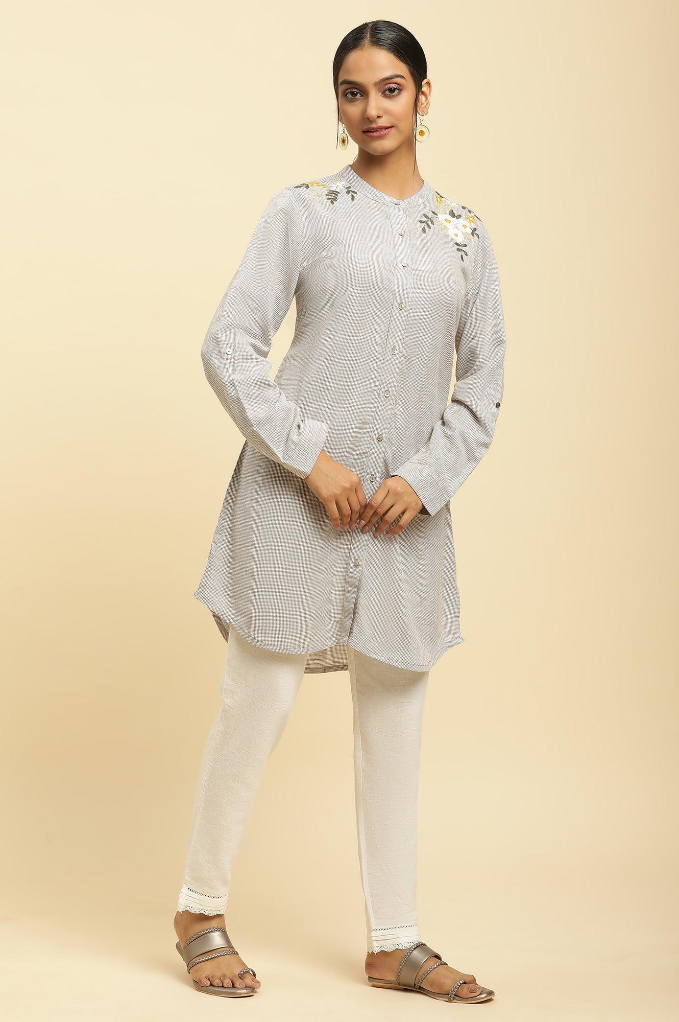 Ecru Check And Embroidered Tunic - wforwoman