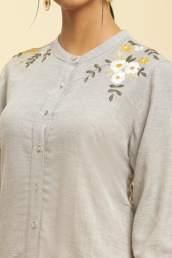 Ecru Check And Embroidered Tunic