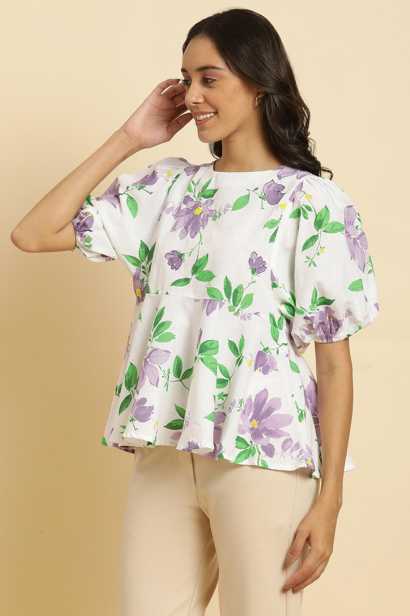 Ecru Floral Printed Peplum Top - wforwoman