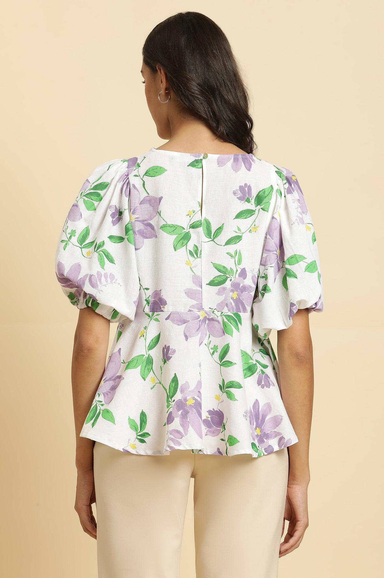 Ecru Floral Printed Peplum Top - wforwoman