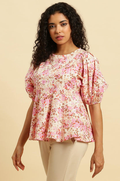White And Pink Floral Printed Flared Top - wforwoman