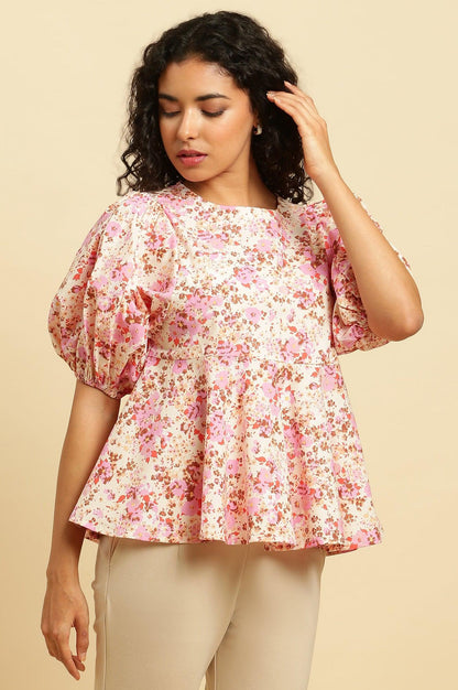 White And Pink Floral Printed Flared Top - wforwoman