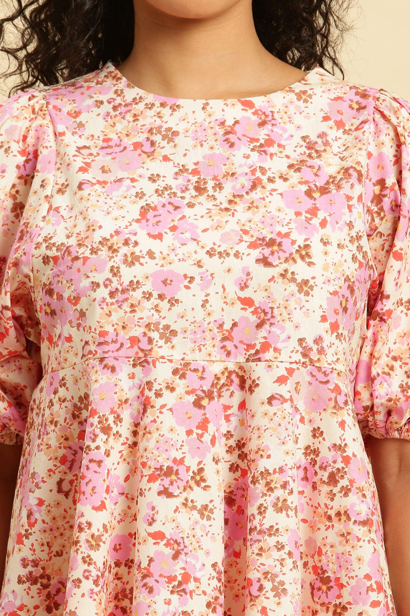 White And Pink Floral Printed Flared Top - wforwoman