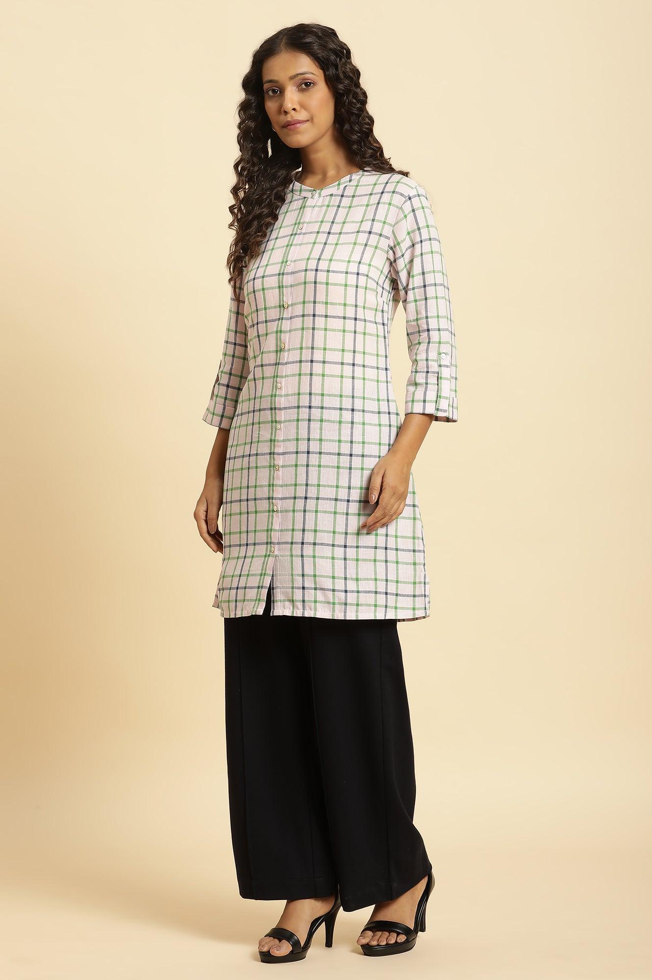 Ecru Check Printed Cotton Tunic - wforwoman