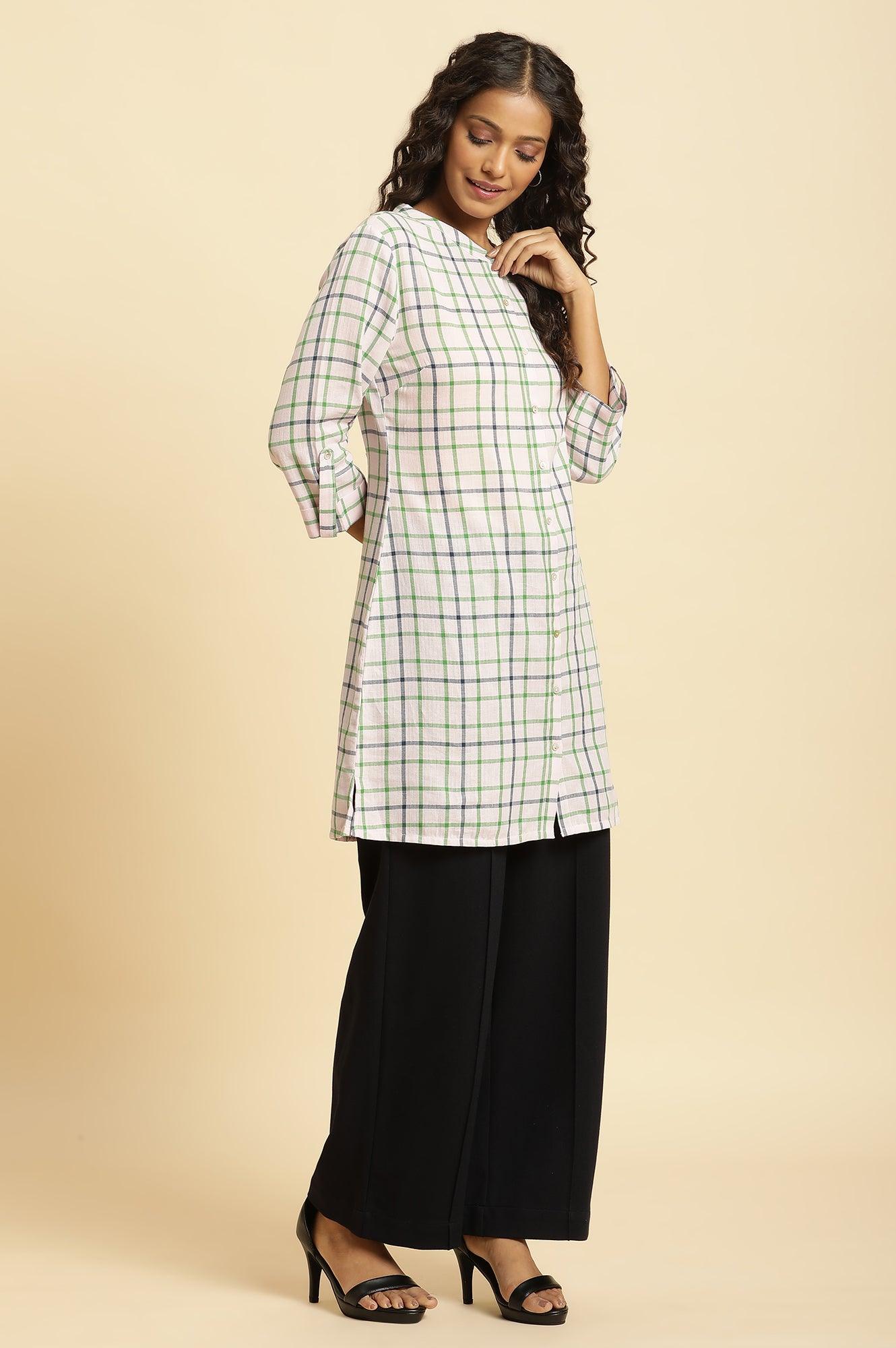 Ecru Check Printed Cotton Tunic - wforwoman