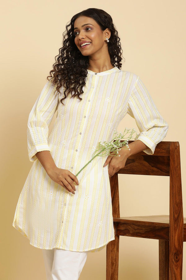 Ecru Stripe Printed Tunic With Floral Thread Embroidery