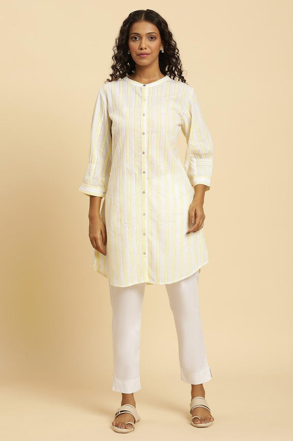 Ecru Stripe Printed Tunic With Floral Thread Embroidery
