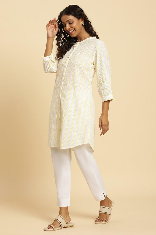 Ecru Stripe Printed Tunic With Floral Thread Embroidery