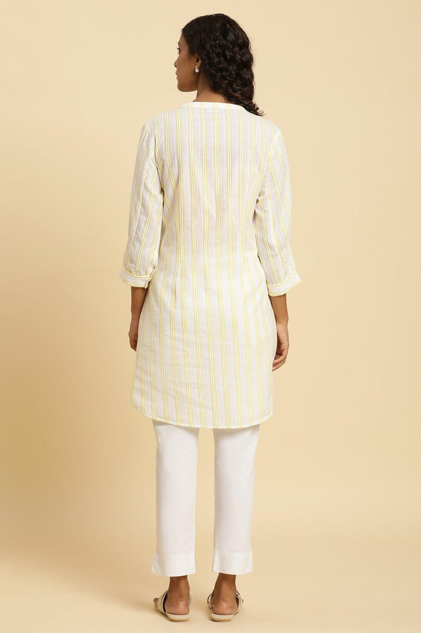 Ecru Stripe Printed Tunic With Floral Thread Embroidery