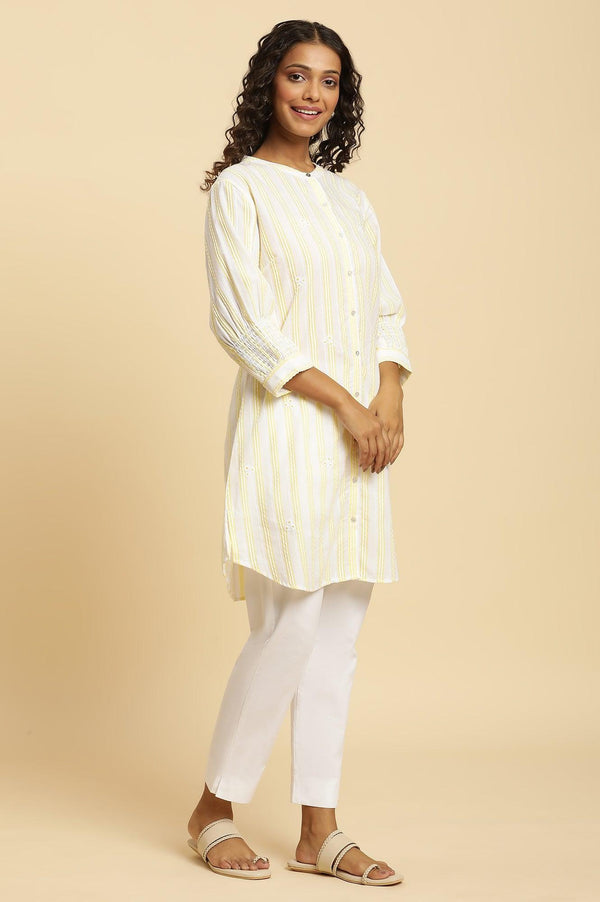 Ecru Stripe Printed Tunic With Floral Thread Embroidery