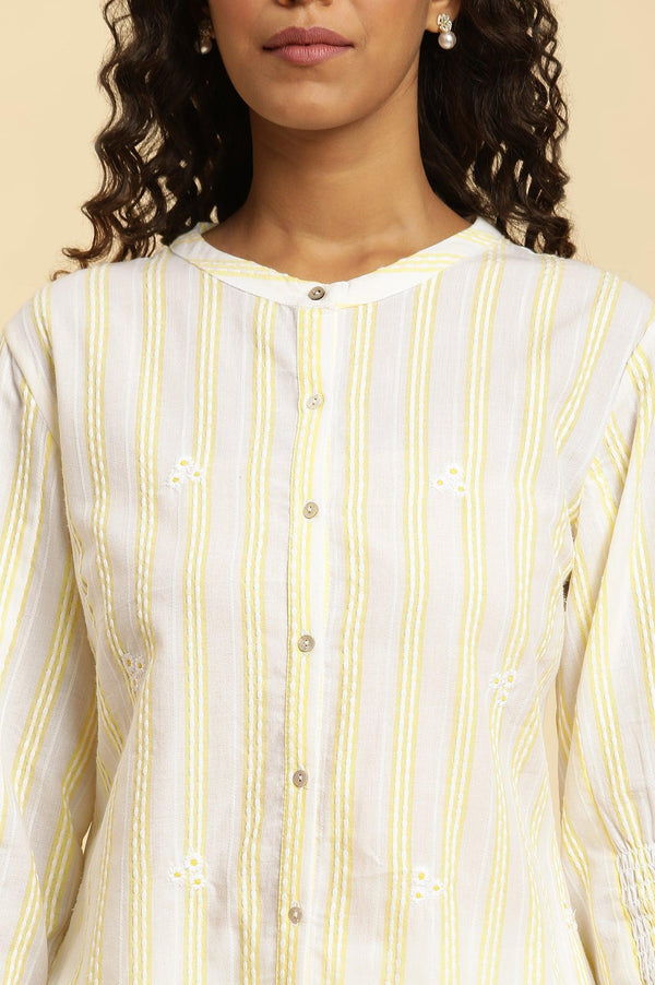 Ecru Stripe Printed Tunic With Floral Thread Embroidery