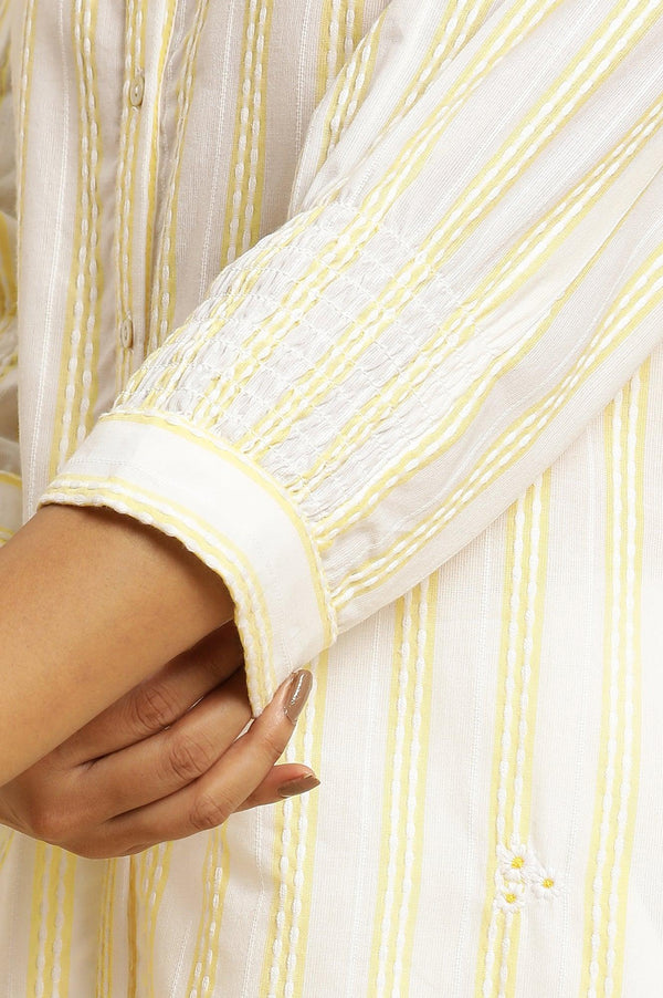 Ecru Stripe Printed Tunic With Floral Thread Embroidery