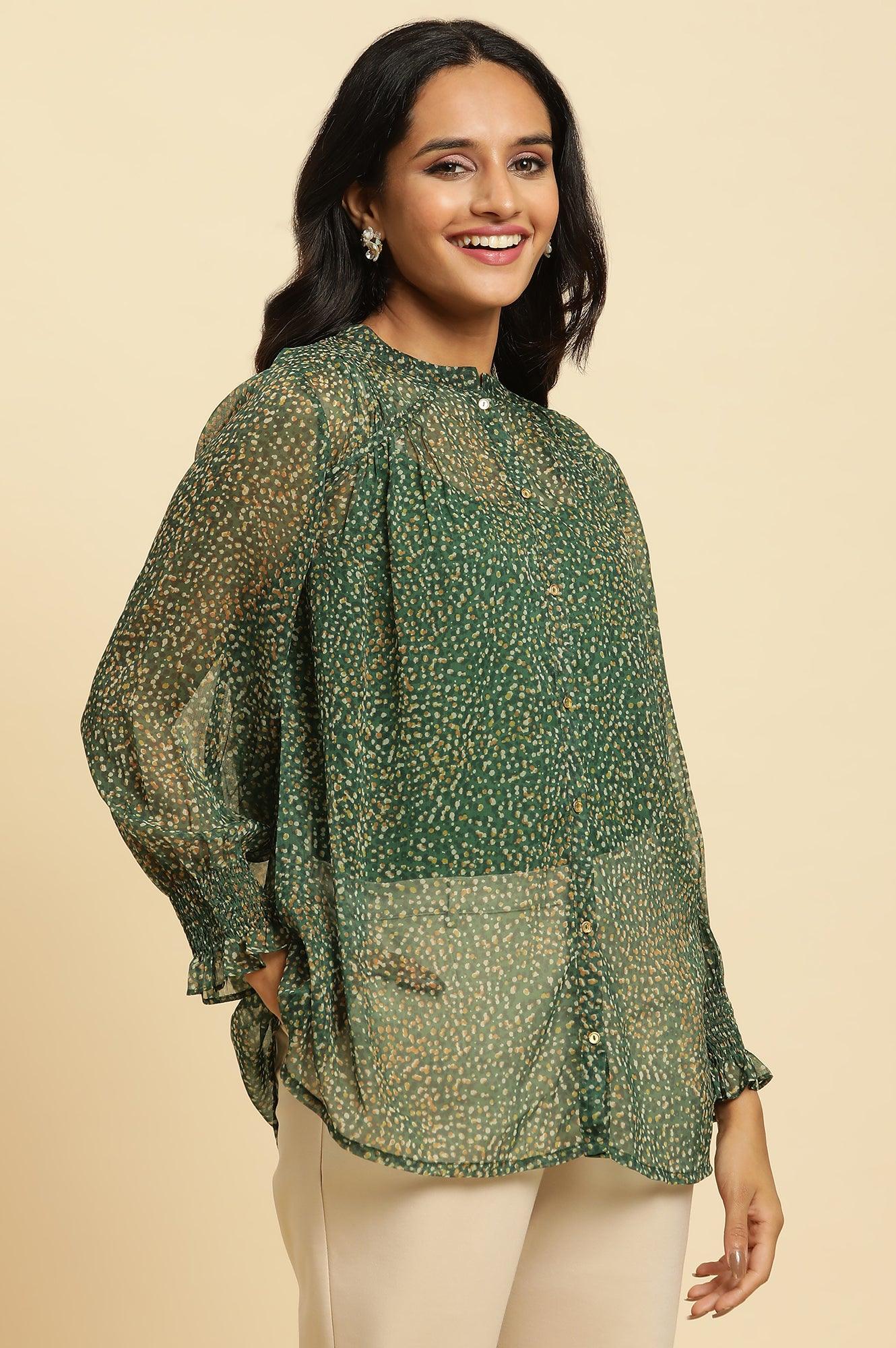Buy Dark Green Sheer Button Down Shirt @ 2299 | W for woman