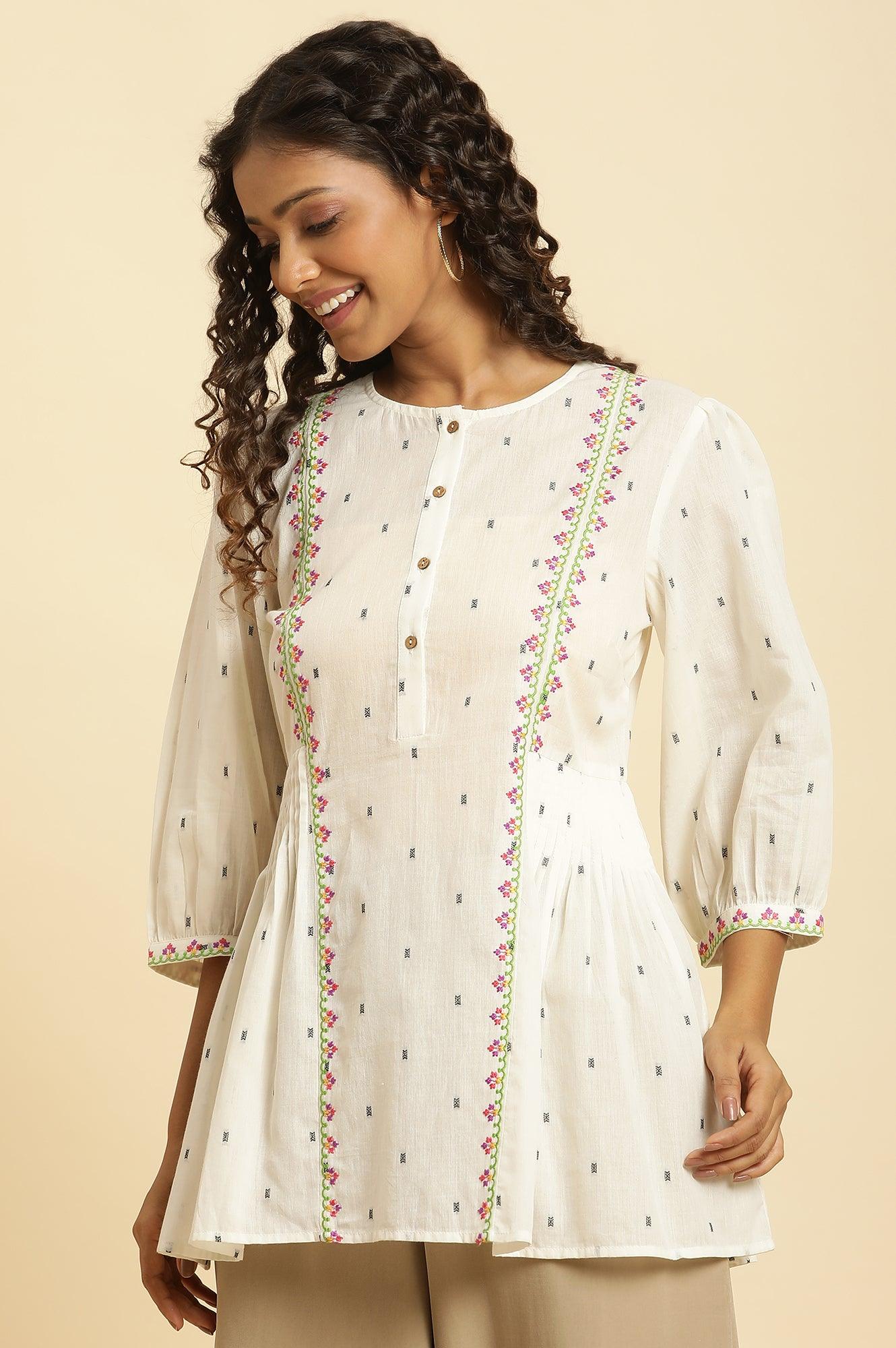 Ecru Yarn Dye Embroidered Top With Pleats - wforwoman