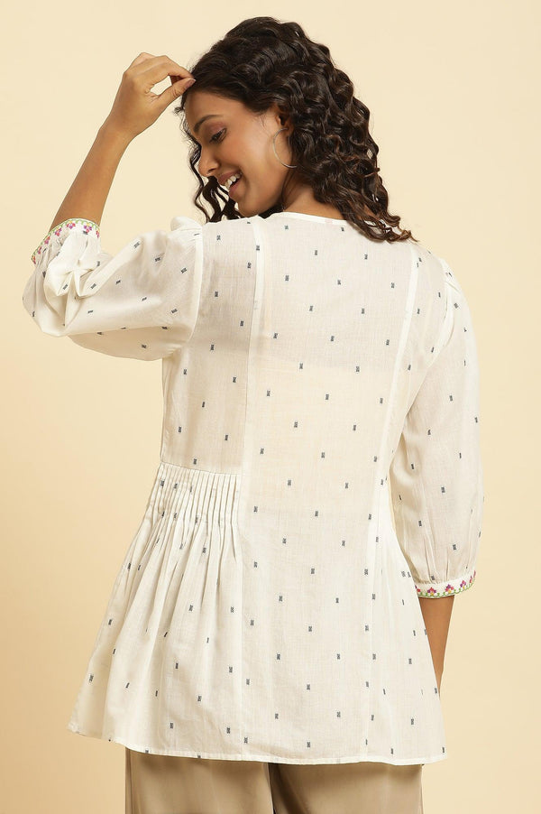 Ecru Yarn Dyed Embroidered Pleated Straight Top