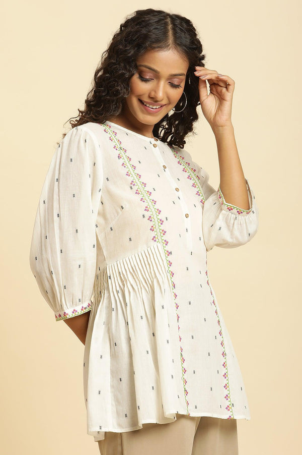 Ecru Yarn Dyed Embroidered Pleated Straight Top