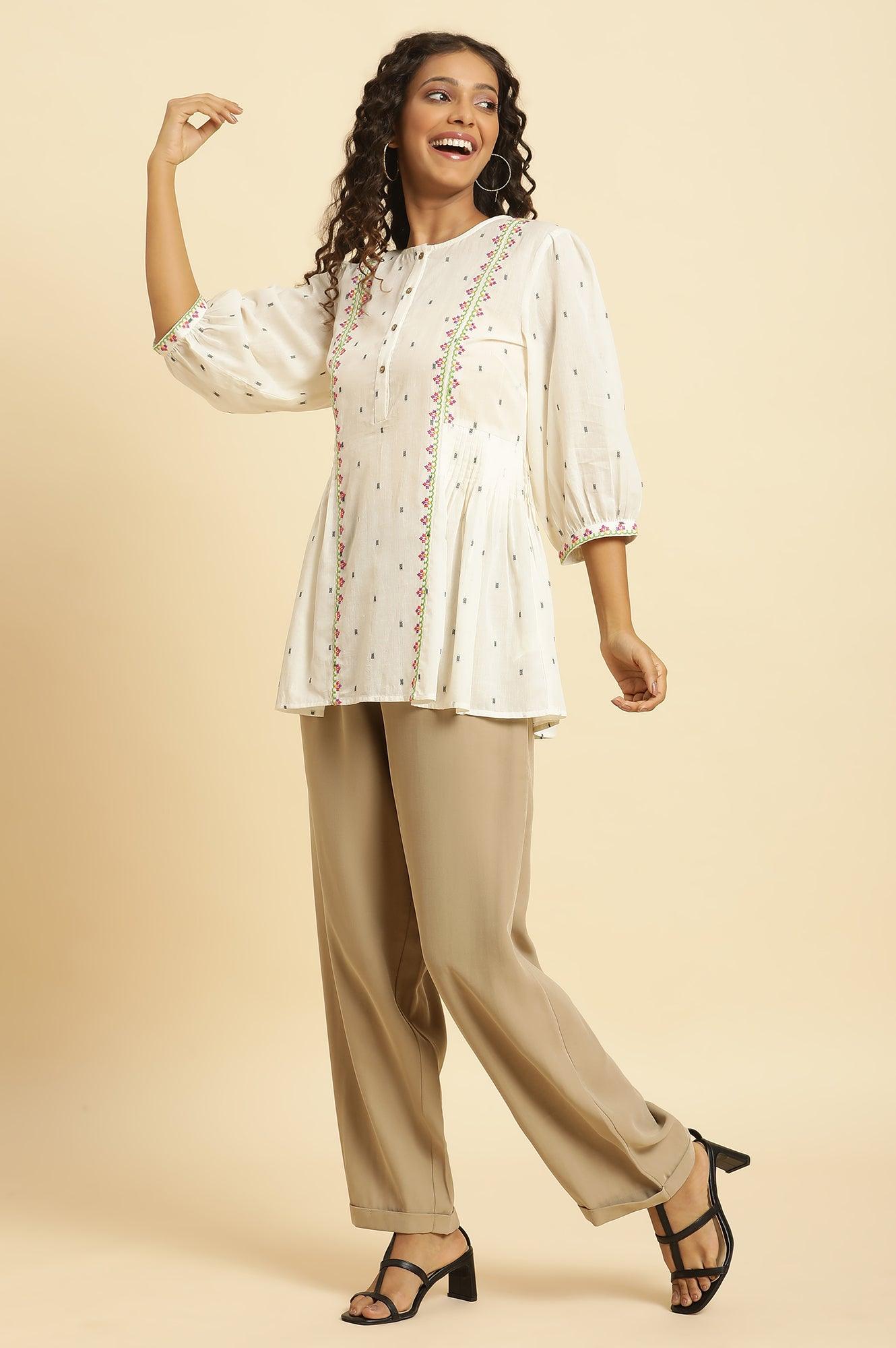 Ecru Yarn Dye Embroidered Top With Pleats - wforwoman