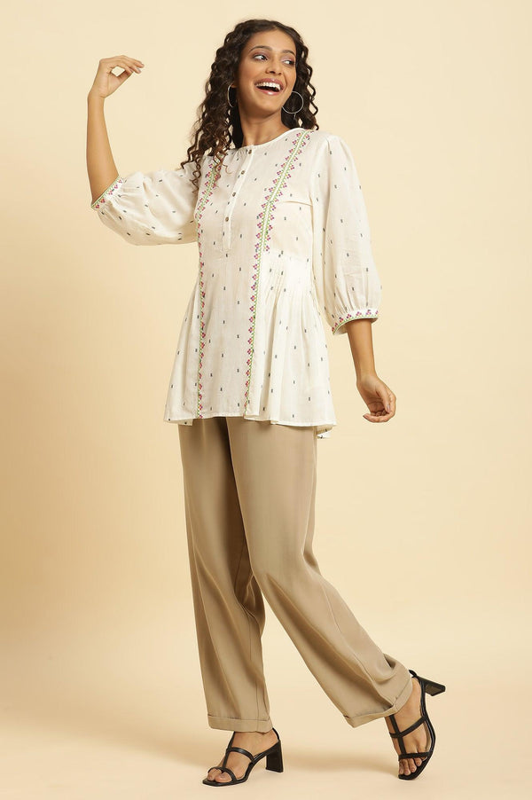 Ecru Yarn Dyed Embroidered Pleated Straight Top