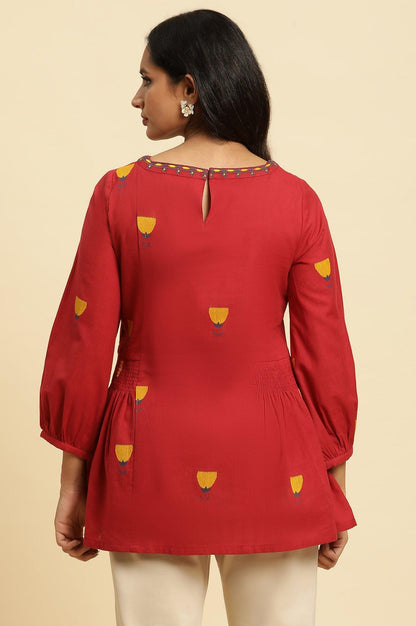 Red Yarn Dye Top With Smocking - wforwoman