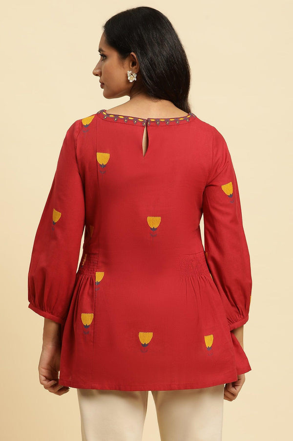 Red Yarn Dyed Smocked Peplum Top