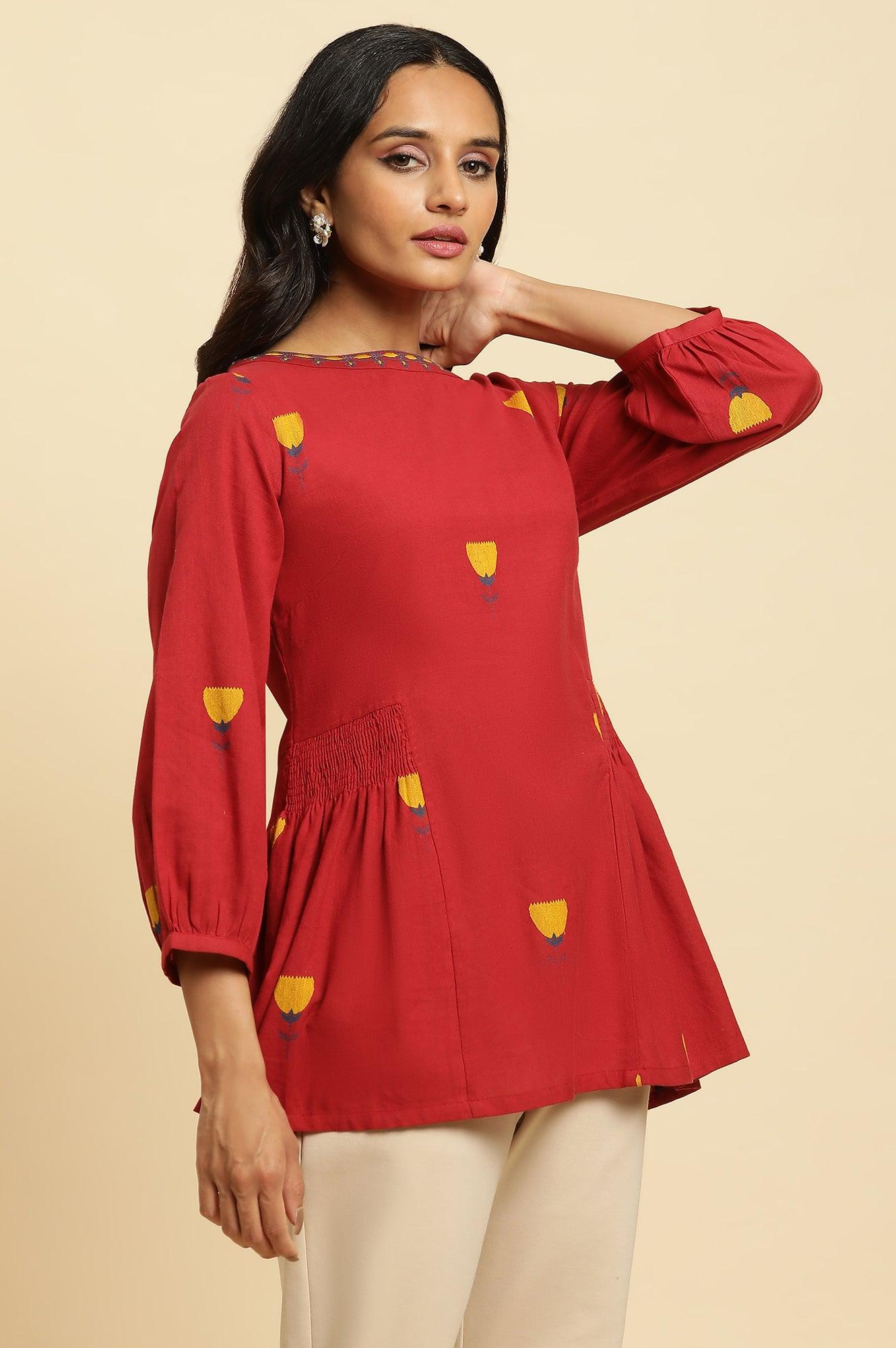 Red Yarn Dye Top With Smocking - wforwoman