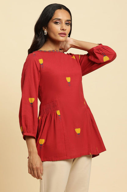 Red Yarn Dye Top With Smocking - wforwoman