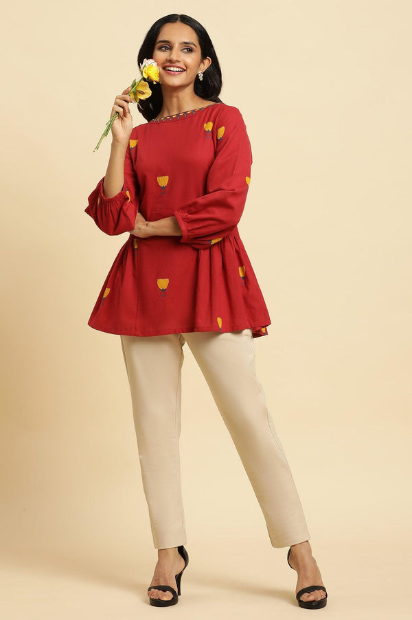 Red Yarn Dyed Smocked Peplum Top