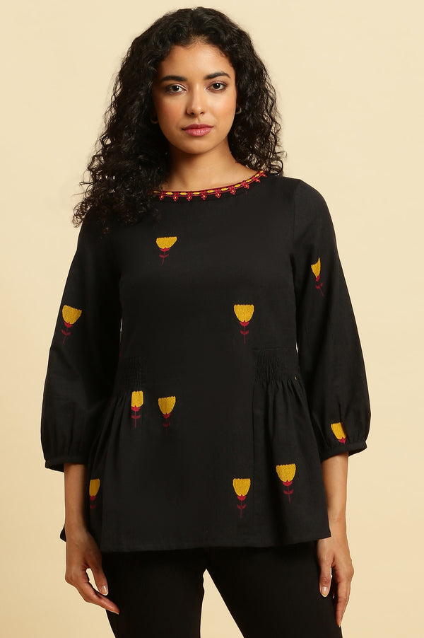 Black Yarn Dyed Smocked Peplum Top