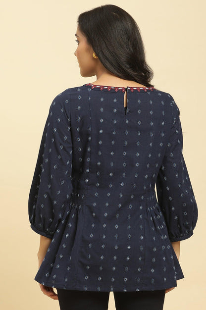 Blue Yarn Dye Top With Smocking - wforwoman