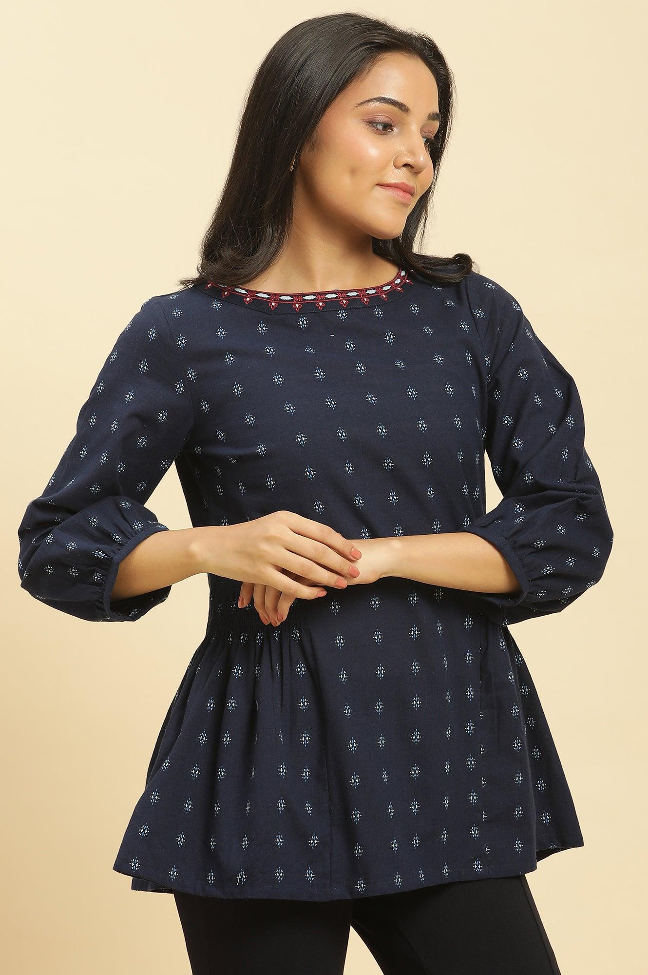 Blue Yarn Dye Top With Smocking - wforwoman